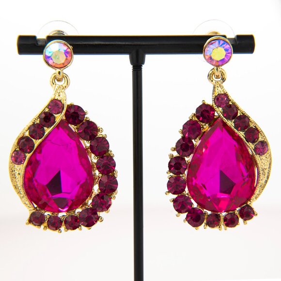 Statement Teardrop Earrings | Fuchsia Crystal Dangle | Gold Tone Glam - Picture 1 of 7